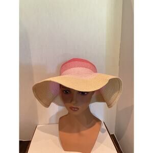 No Name - Woven Paper Wide Brim Sun Hat - Pinks & Natural Straw. - One Size